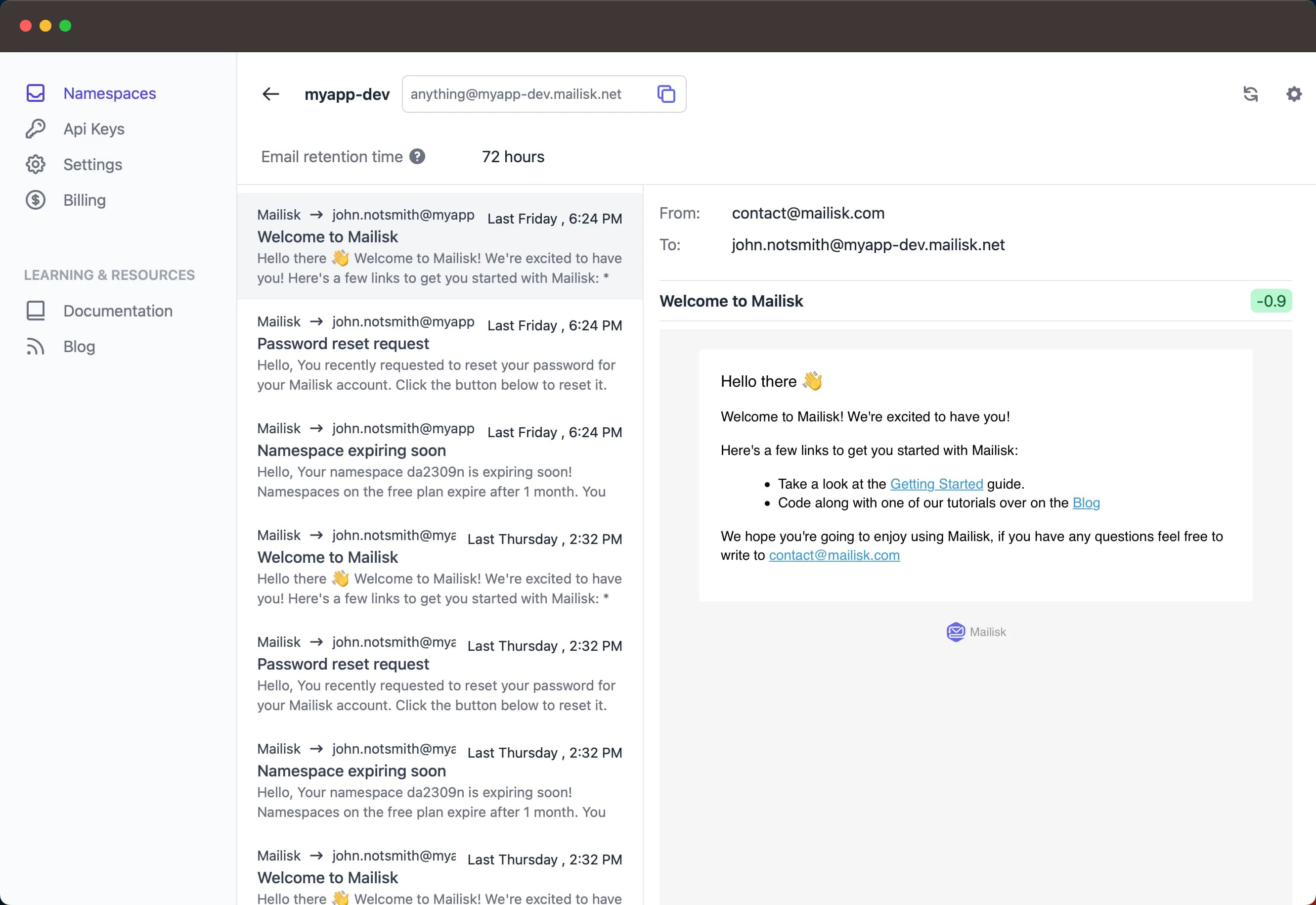 Mailisk namespace dashboard view